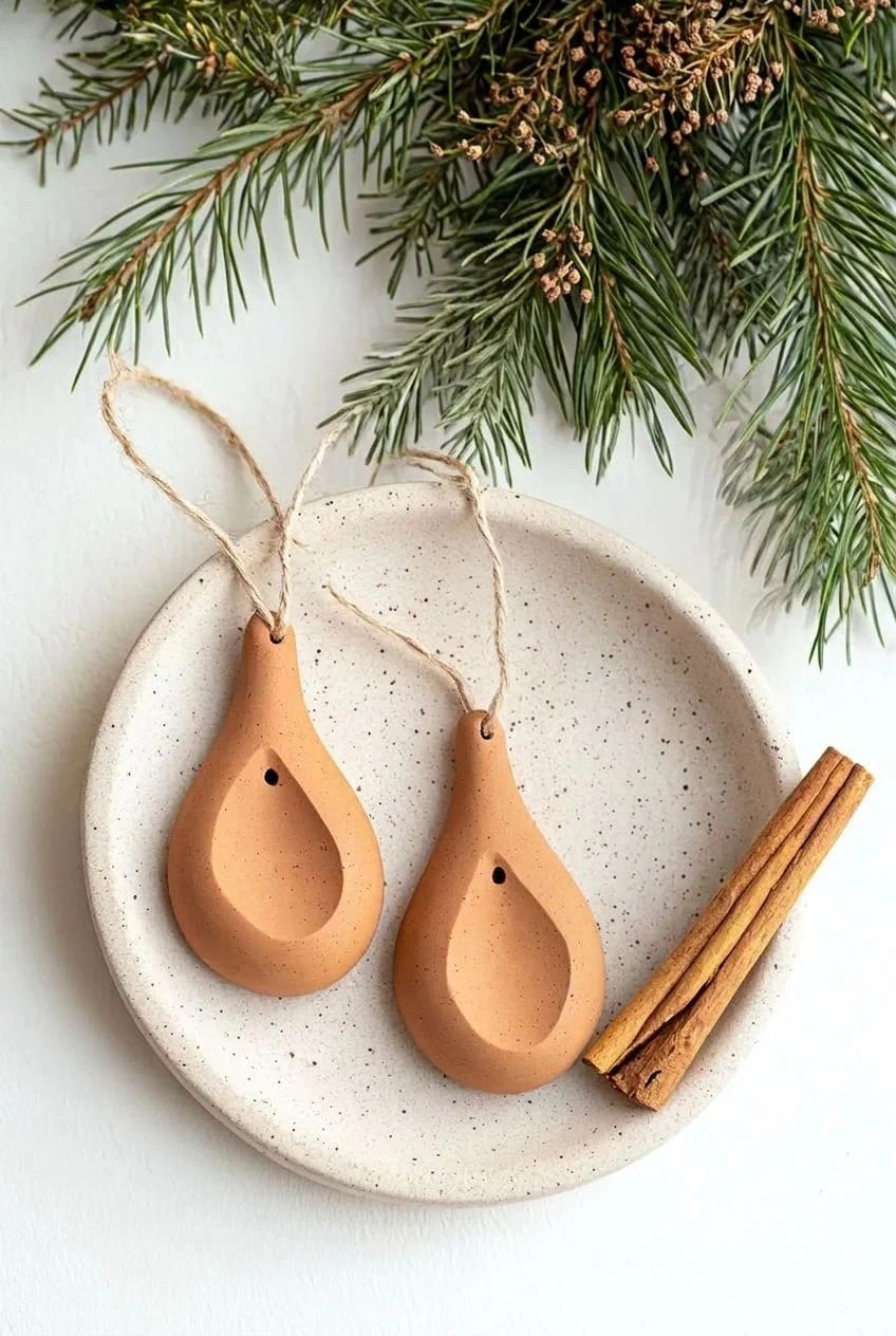 Terracotta Clay Christmas Ornaments for an Earthy Tree 12 unglazed clay drops that hold scent for about a week 1