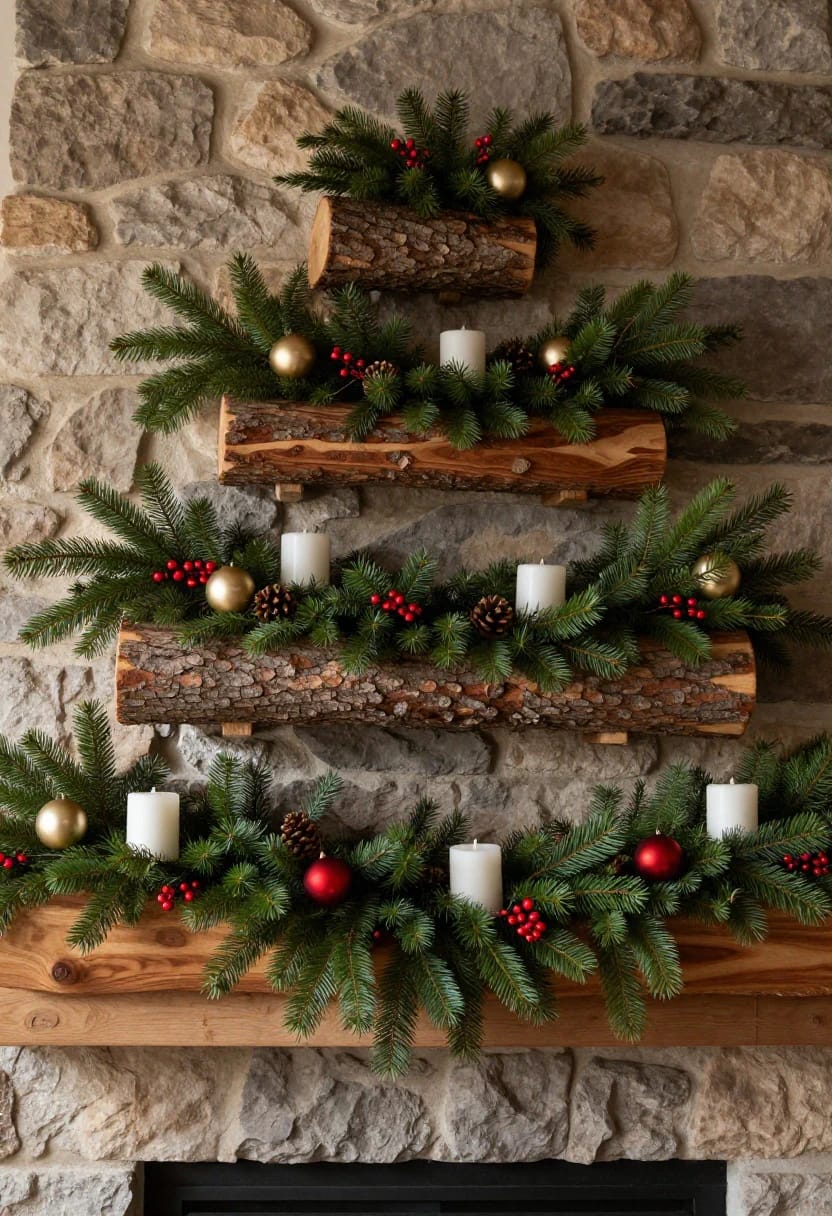 Log Round Christmas Decorations for a Rustic Mantel Without Crowding the Shelf 15 use log rounds as risers so the greenery sits at three heights 1