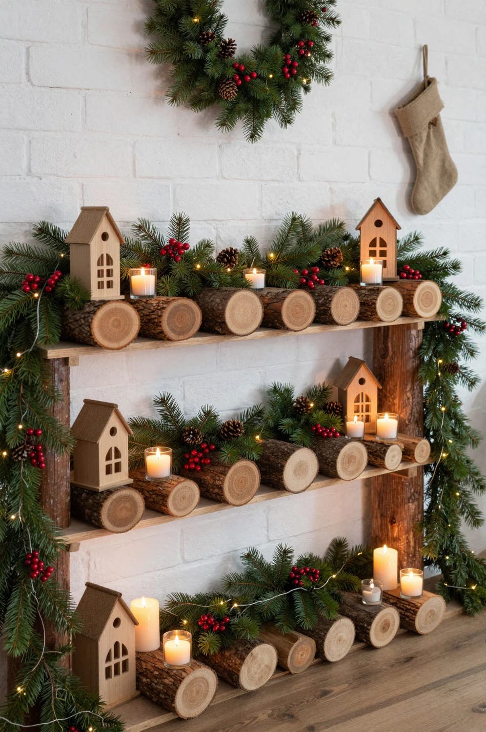 Log Round Christmas Decorations for a Rustic Mantel Without Crowding the Shelf 16 use log rounds as risers so the greenery sits at three heights 1