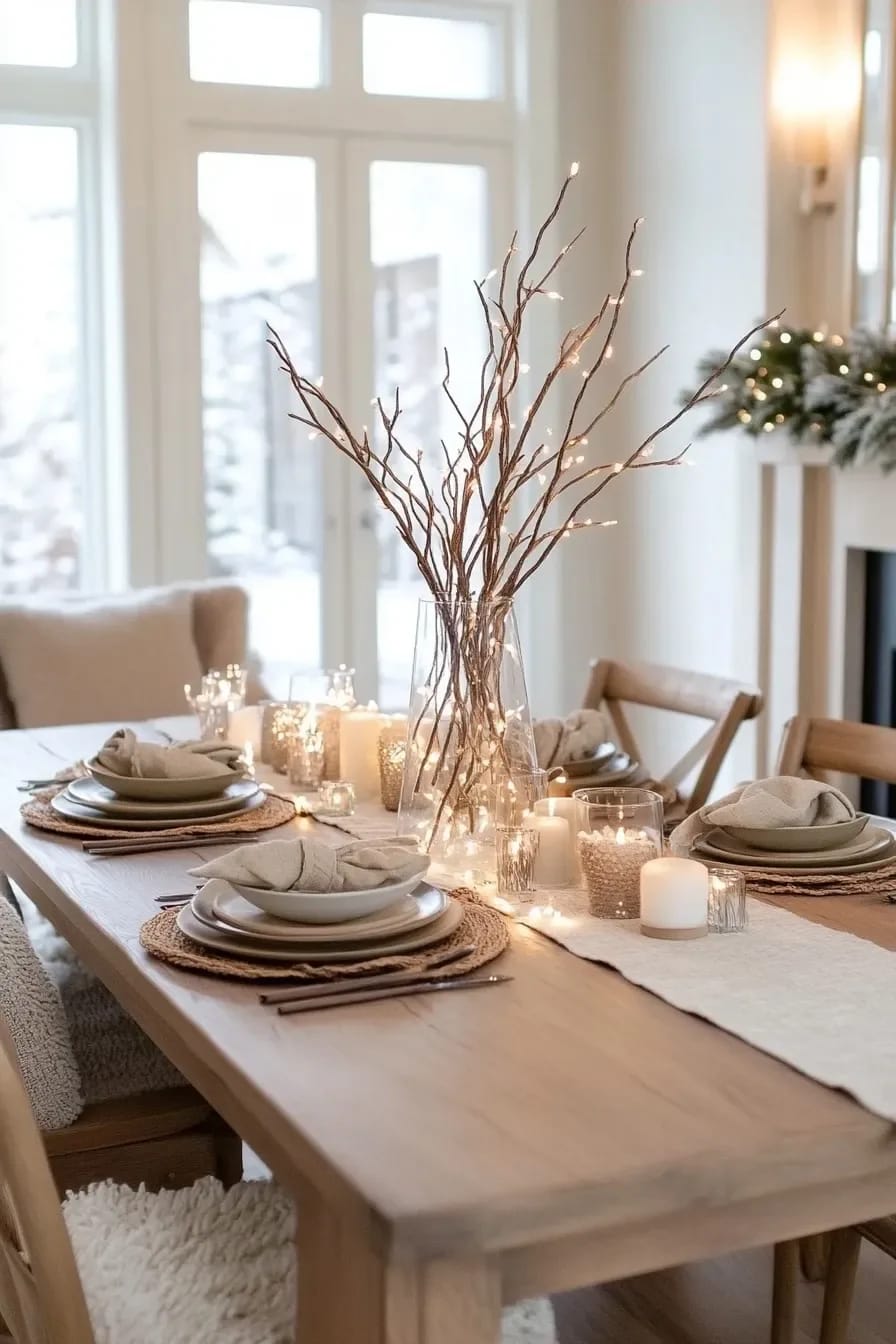 Bare Branch Winter Centerpiece Ideas for a January Table 23 weave warm fairy lights through the branches rather than around them 1