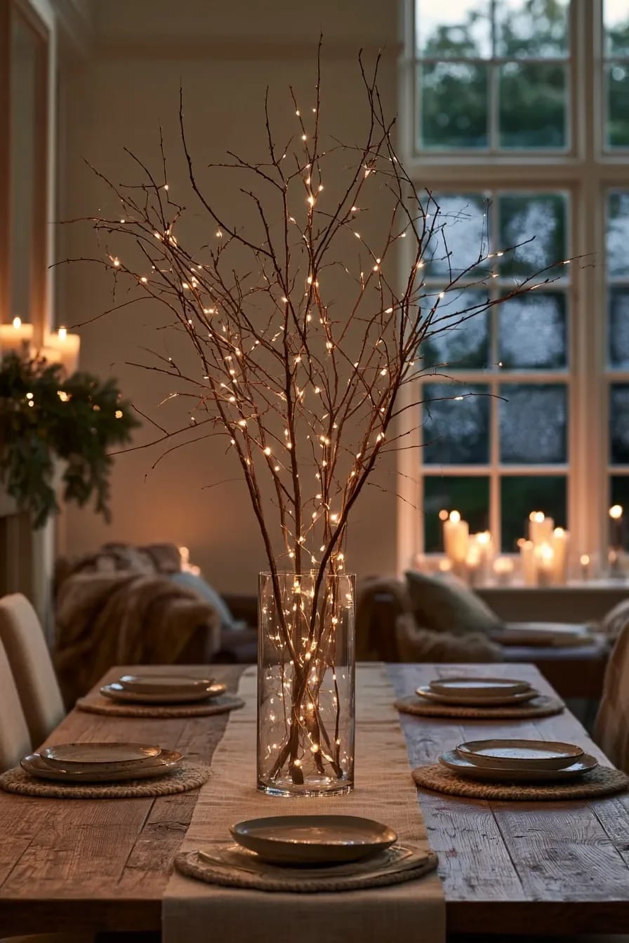 Bare Branch Winter Centerpiece Ideas for a January Table 24 weave warm fairy lights through the branches rather than around them 1