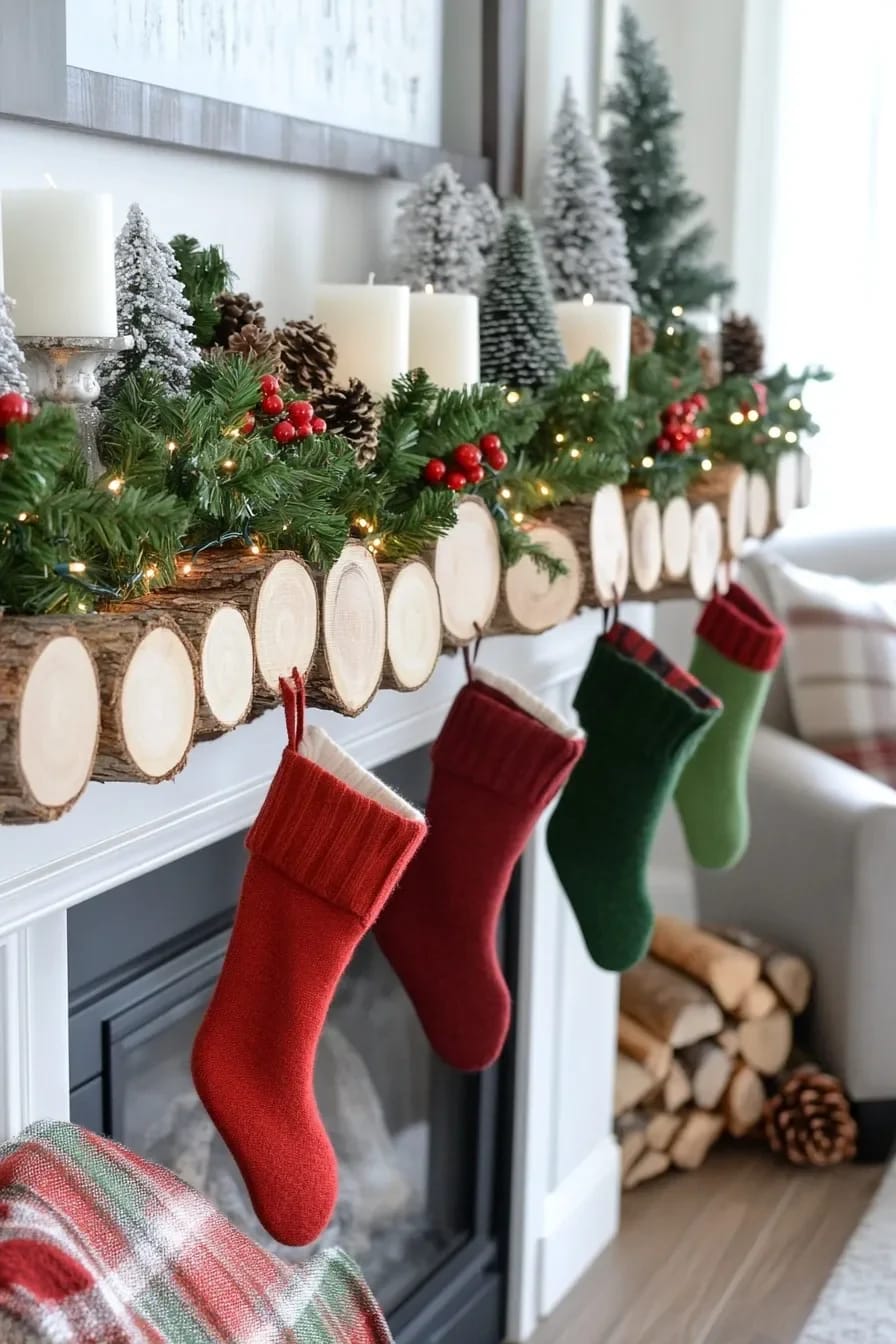 Log Round Christmas Decorations for a Rustic Mantel Without Crowding the Shelf 6 weighted log rounds hold stockings without a single hole in the mantel 1