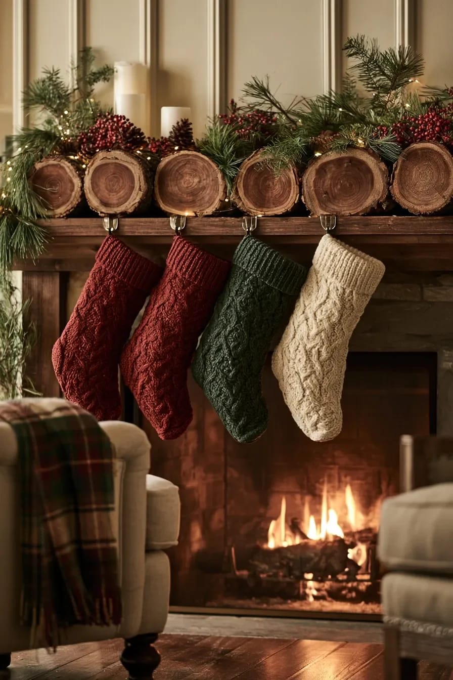 Log Round Christmas Decorations for a Rustic Mantel Without Crowding the Shelf 7 weighted log rounds hold stockings without a single hole in the mantel 1