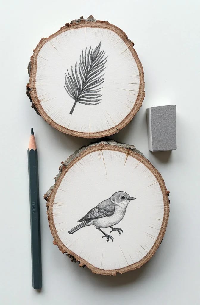 13 Painted Wood Slice Ornaments for a Minimalist Tree 27 whitewashed slices with one-line graphite drawings 1