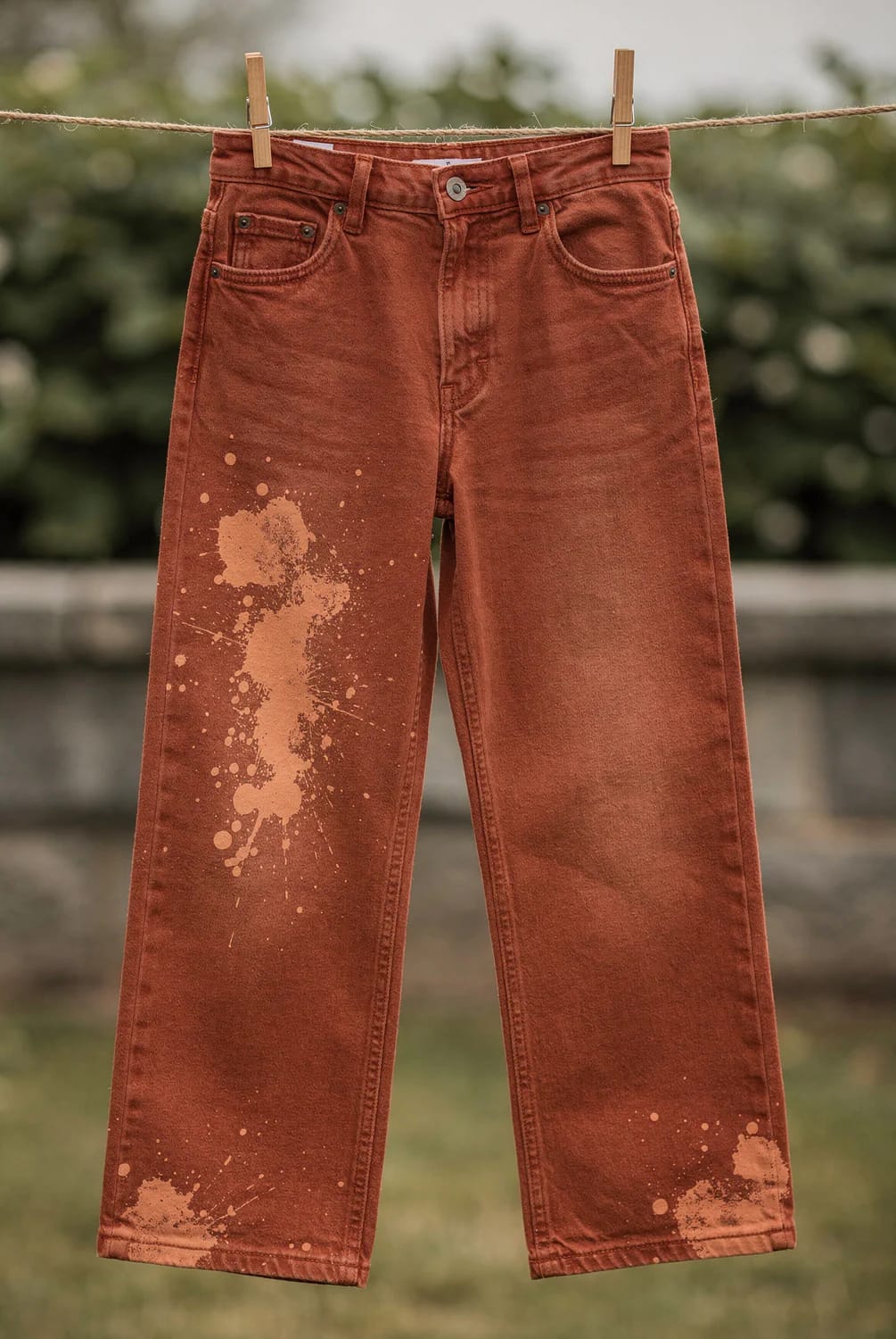Bleach Splatter Jeans After Overdyeing Rust-brown jeans hang from a clothesline, featuring deliberate pale bleach splatters across the left thigh and lower legs for a transformed overdye effect