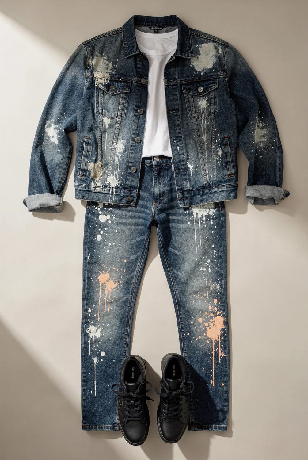 Bleach Splatter Jeans And Denim Jacket Outfit Flat lay of a dark denim jacket and matching jeans covered in irregular white and peach splatter marks, paired with a white T-shirt and black sneakers for a deliberate bleach splatter jeans outfit