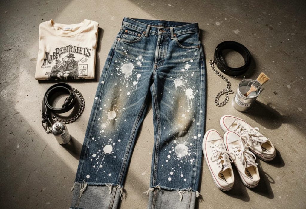 Sustainability Success 9 Blue bleach splatter jeans with frayed hems lie on a concrete floor beside a folded graphic T-shirt, black belts, a chain, a paintbrush container, and white sneakers.