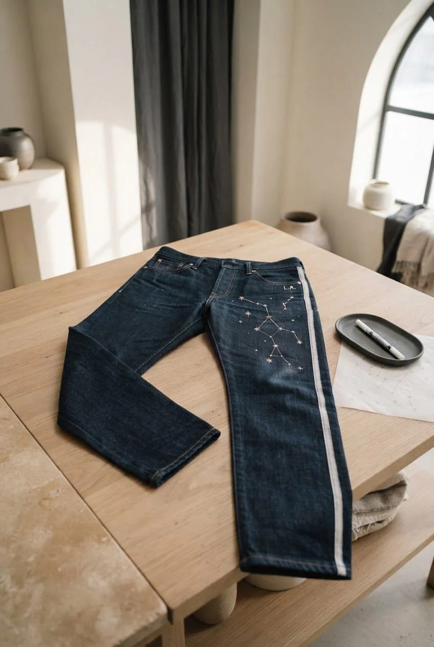 Bleach Splatter Jeans With Constellation Line Work Dark jeans lie on a wooden table, featuring a white constellation-style bleach pen design with connected stars on one leg, a single light stripe along the outer seam, and small initials near the pocket.