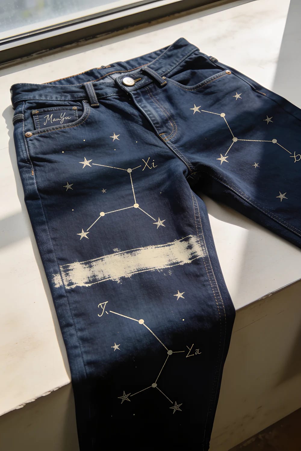 Bleach Splatter Jeans With Constellation Line Work Dark denim jeans displayed on a light surface with bleach-painted constellations, stars, initials, and a single wide horizontal stripe
