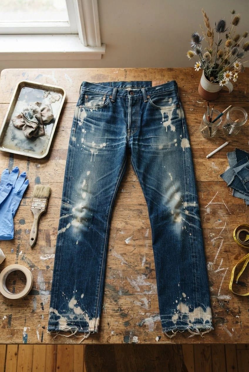 Bleach Splatter Jeans With Deliberate Wear Mapping Blue jeans covered in irregular white bleach splatters and faded wear patterns lie on a wooden worktable, surrounded by gloves, brushes, paint supplies, fabric scraps, and a tray, illustrating deliberate bleach splatter jeans customization