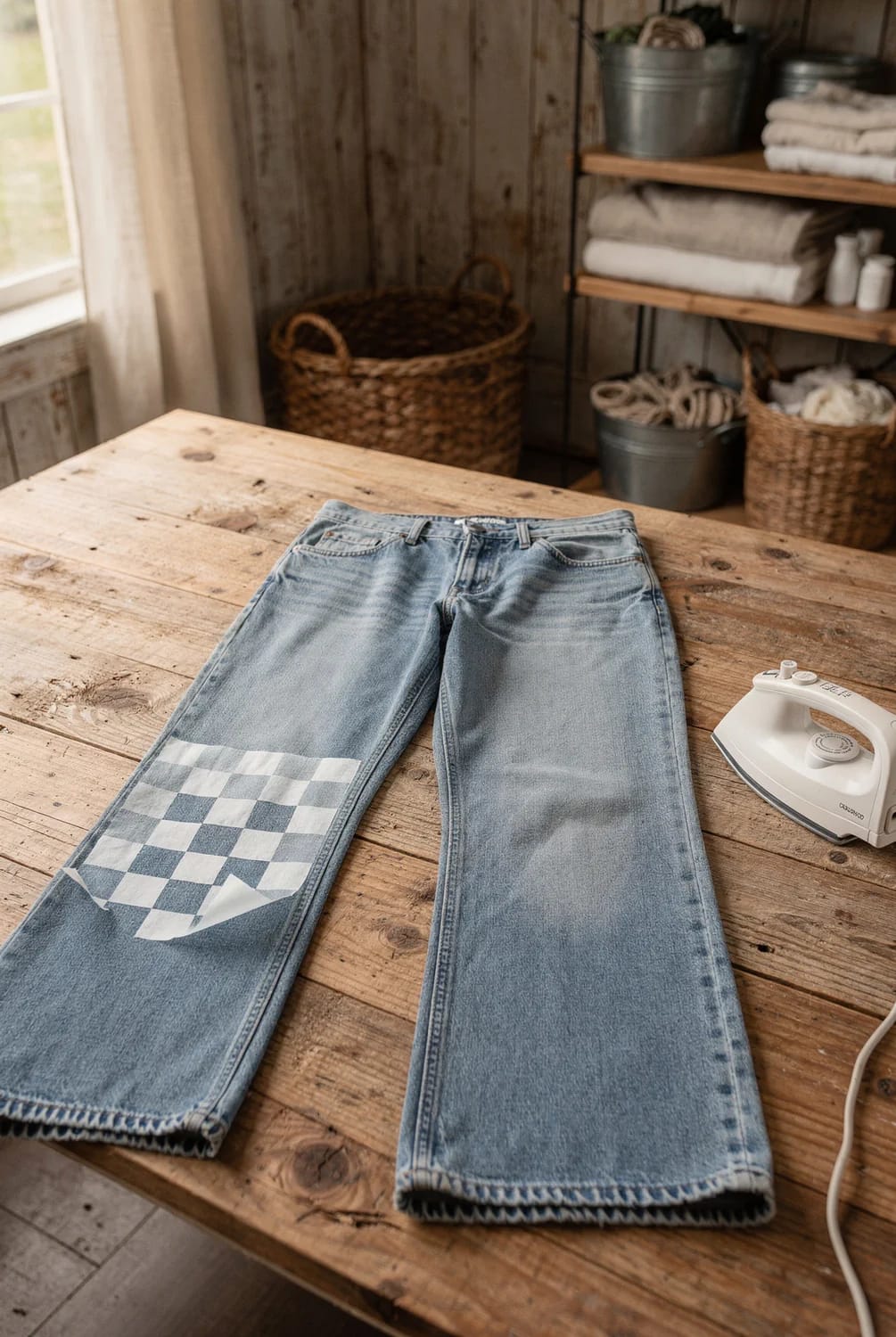Bleach Splatter Jeans With Freezer Paper Edges Light-wash jeans laid on a wooden worktable with a white checkerboard freezer-paper pattern attached to one leg; an iron sits beside them for creating deliberate bleach splatter jeans designs.