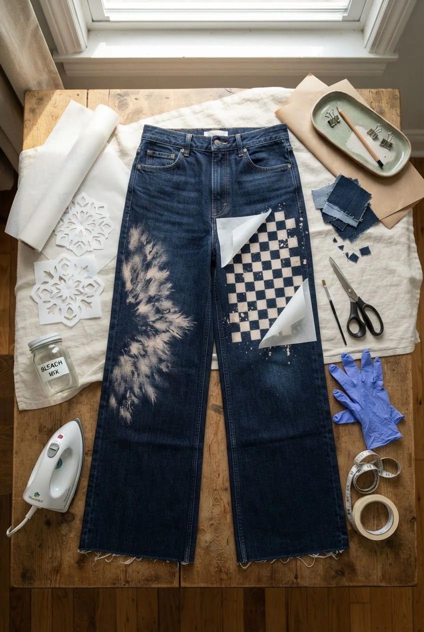 Bleach Splatter Jeans With Freezer Paper Stencils Dark blue jeans lie on a wooden table with pale bleach splatter on one leg and a checkerboard freezer paper stencil on the other. A labeled bleach mixture jar, iron, scissors, gloves, fabric scraps, measuring tape, and paper stencils surround the jeans for a deliberate bleach splatter project.