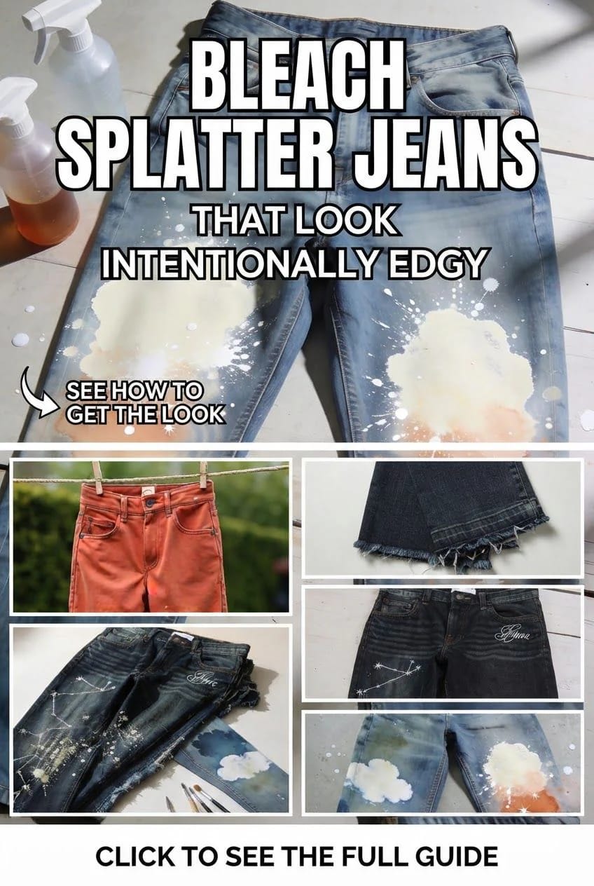 Bleach Splatter Jeans With Intentional Edgy Details Collage showing blue jeans with white bleach splatters, spray bottles, denim examples, frayed hems, and painted details for a bleach splatter jeans guide