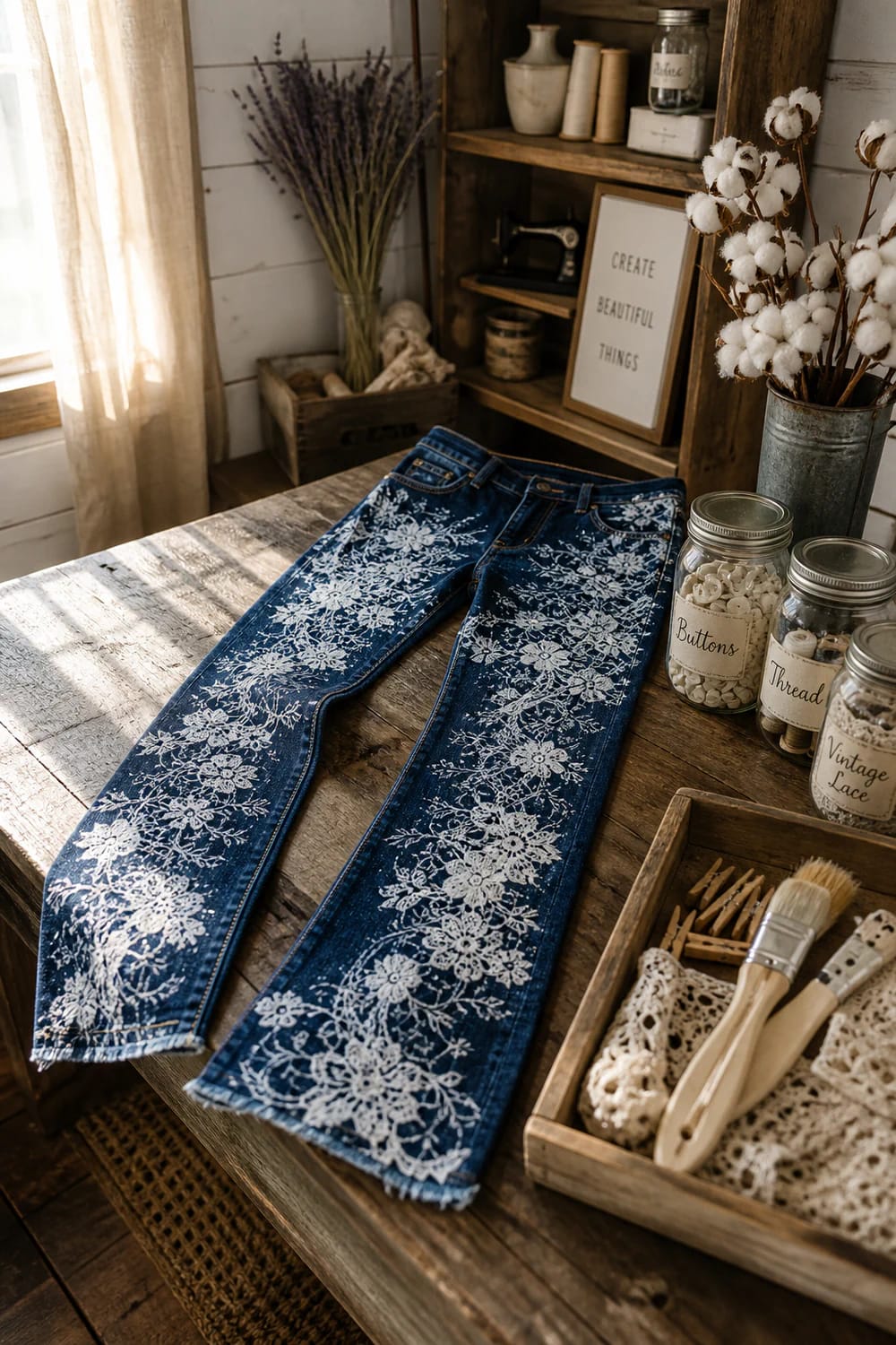 Bleach Splatter Jeans With Lace Floral Pattern Dark blue jeans lie on a rustic wooden table, covered in deliberate white floral lace-like bleach patterns; jars of buttons, thread, and vintage lace sit nearby.