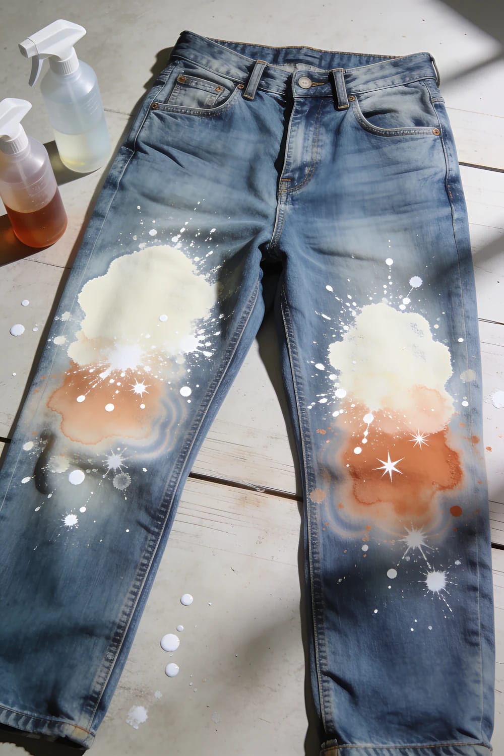 Bleach Splatter Jeans With Layered Depth Blue jeans laid on a light surface with large pale bleach patches, white splatters, and orange-toned marks across both legs; two spray bottles sit beside them, illustrating deliberate bleach splatter jeans with varied dilution.