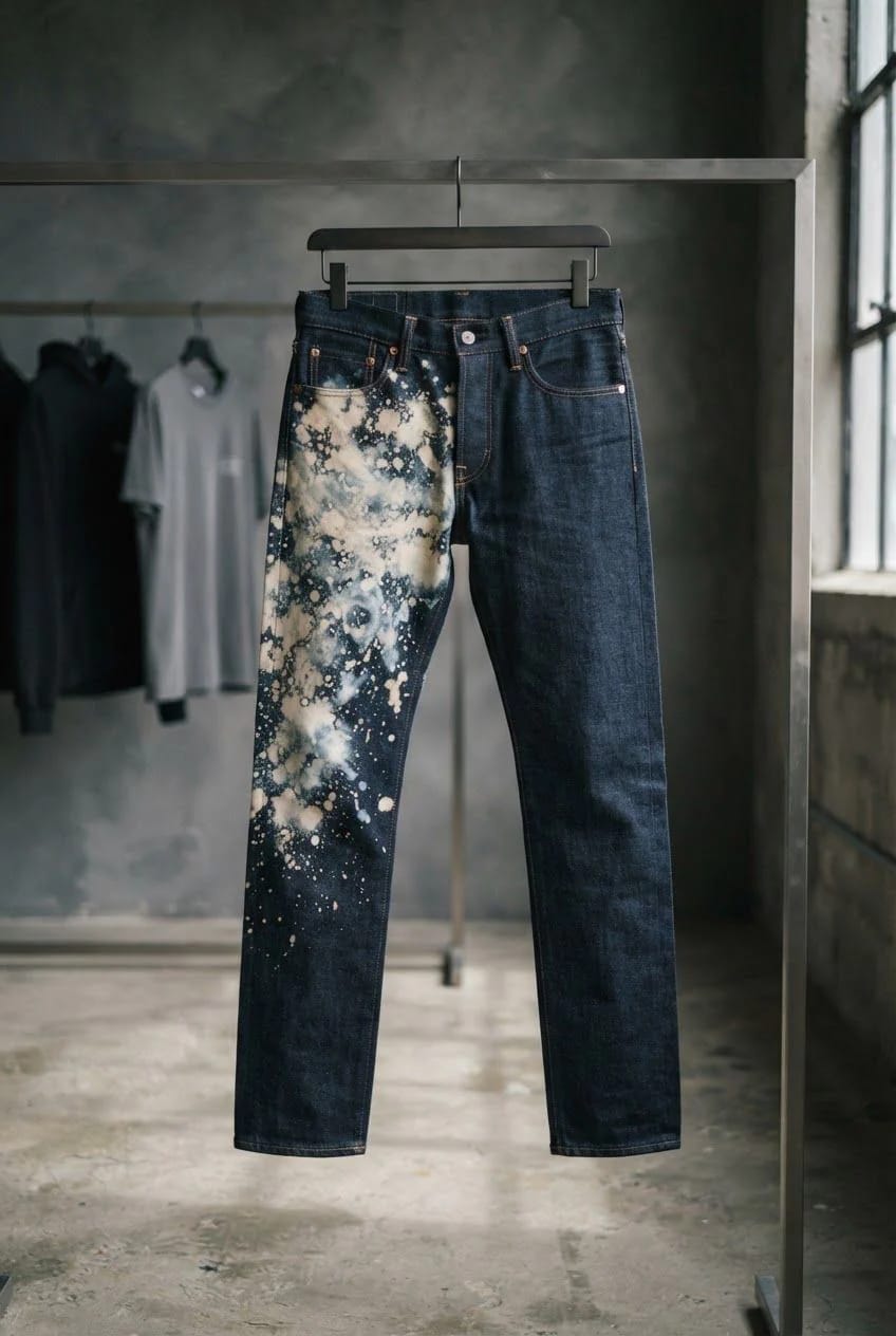 Bleach Splatter Jeans With One-T thigh Focus Dark denim jeans hang from a clothing rack, with concentrated white bleach splatters covering the left thigh and leg while the right side remains mostly clean, illustrating deliberate bleach splatter jeans.