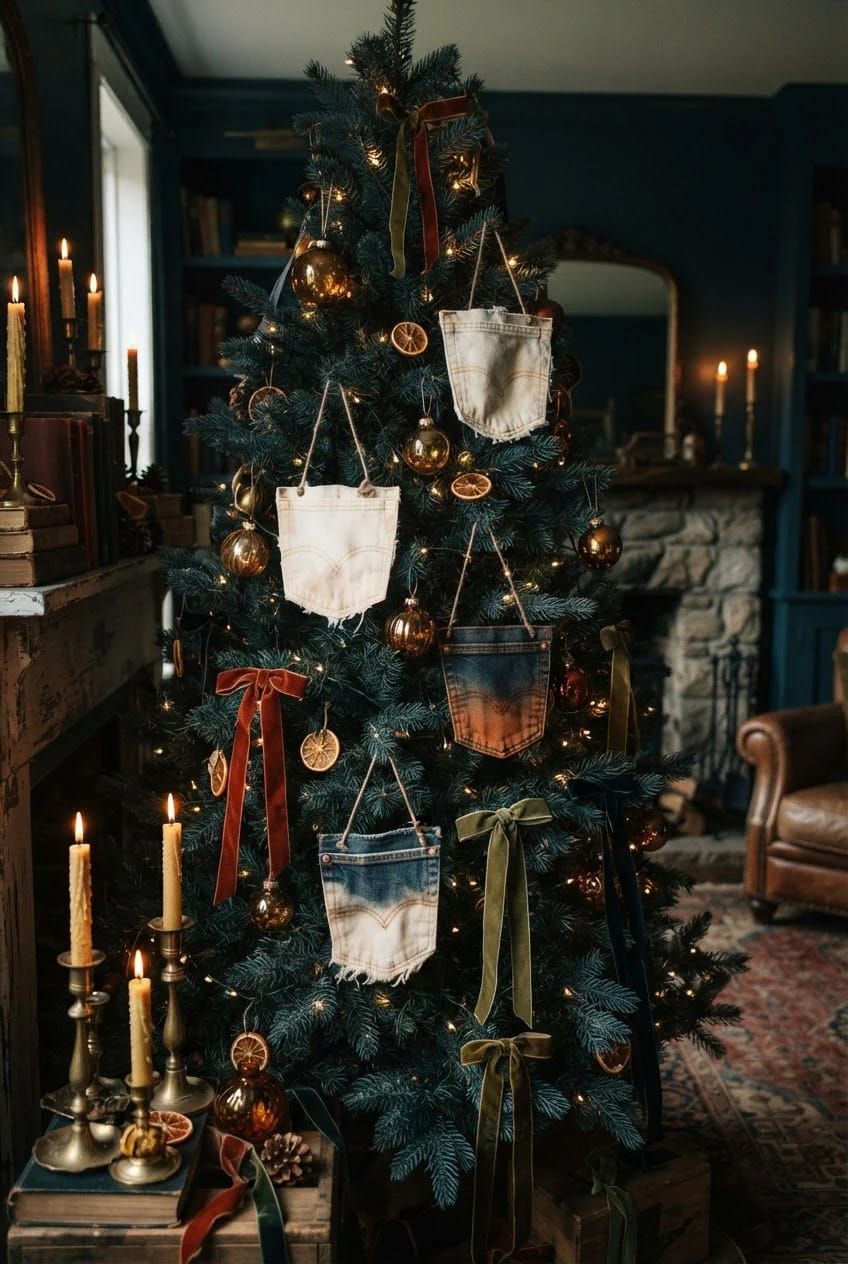 Bleached Jean Pocket Christmas Ornaments A lit Christmas tree displays several jean pocket ornaments, including bleached white and indigo denim pockets, along with ribbons, candles, dried orange slices, pinecones, and round ornaments in a cozy room.