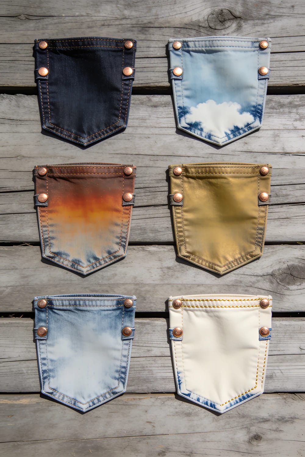 Bleached Jean Pocket Christmas Ornaments Six jean pocket Christmas ornaments arranged on weathered wooden boards, showing dark indigo, pale blue, brown, gold, and white finishes with varied bleached effects and copper-colored rivets