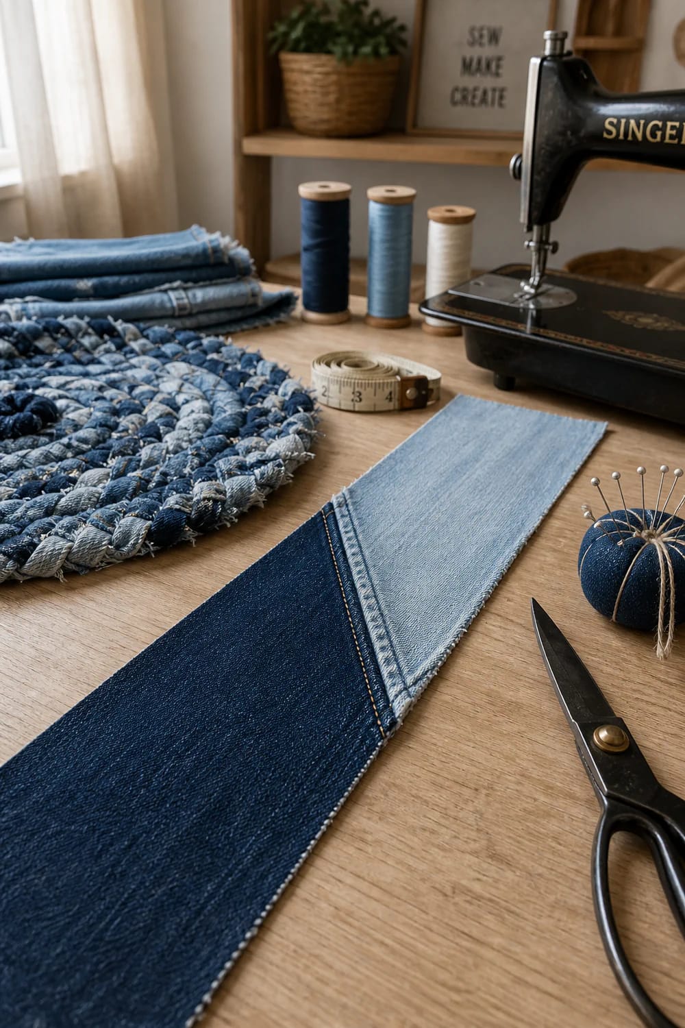 Two denim strips overlap with a diagonal seam on a wooden worktable, beside a braided denim rag rug, sewing machine, thread spools, measuring tape, pins, and fabric scissors.