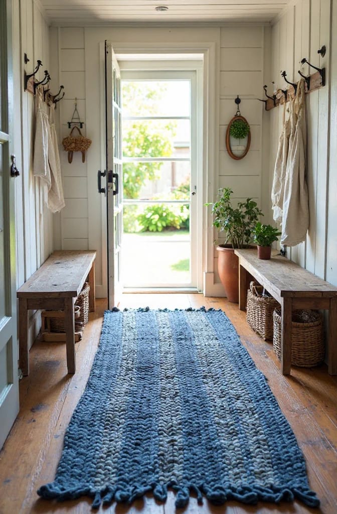 Blue braided denim rag rug from old jeans laid along the wooden floor of a bright entryway between two benches