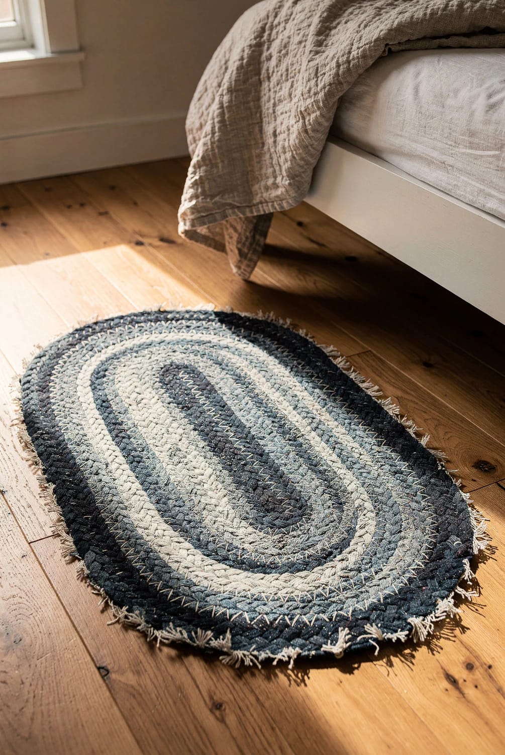 Oval braided denim rag rug made from old jeans, displayed on a wooden floor beside a white bed