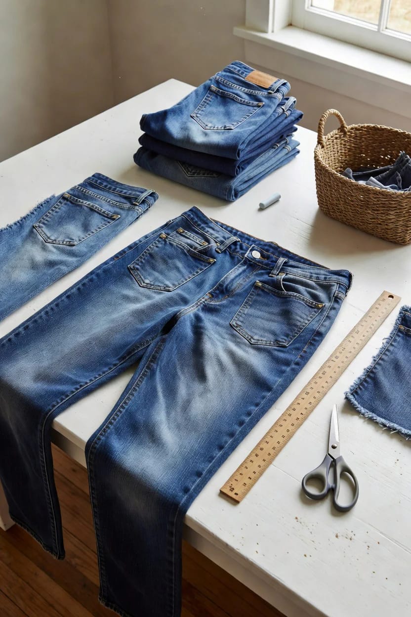 Washed blue jeans are stacked and separated into denim panels on a white worktable, with a ruler and scissors nearby for making a braided denim rag rug from old jeans