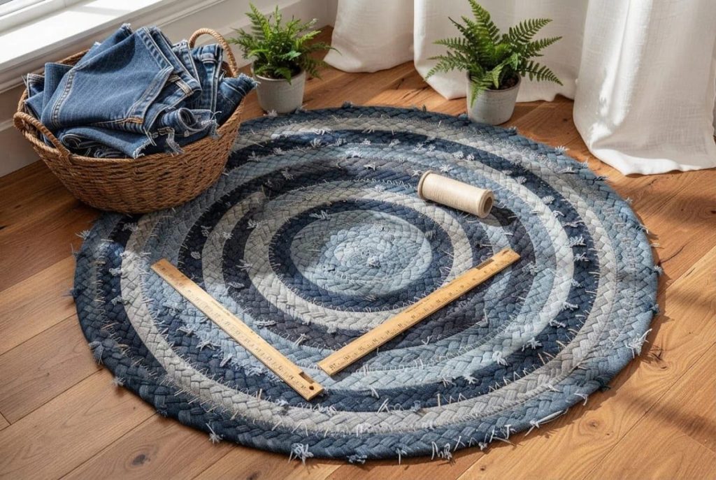 Sustainability Success 9 Round braided denim rag rug made from old jeans lies on a wooden floor, with two rulers and a spool of thread on top; a basket of denim pieces and potted ferns sit nearby.
