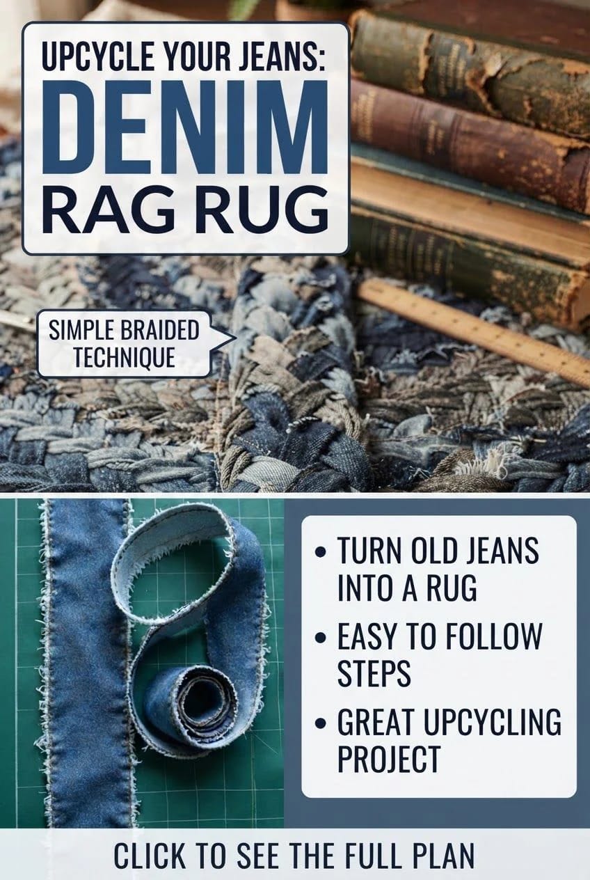 Promotional graphic for a braided denim rag rug from old jeans, showing a braided denim rug, denim strips on a cutting mat, stacked books, and text about an easy upcycling project