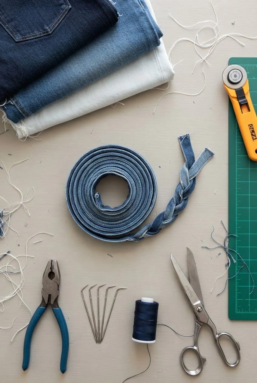 Folded denim fabric, a coiled denim strip, a braided denim strip, rotary cutter, cutting mat, pliers, scissors, needles, and thread arranged on a work surface for making a braided denim rag rug from old jeans