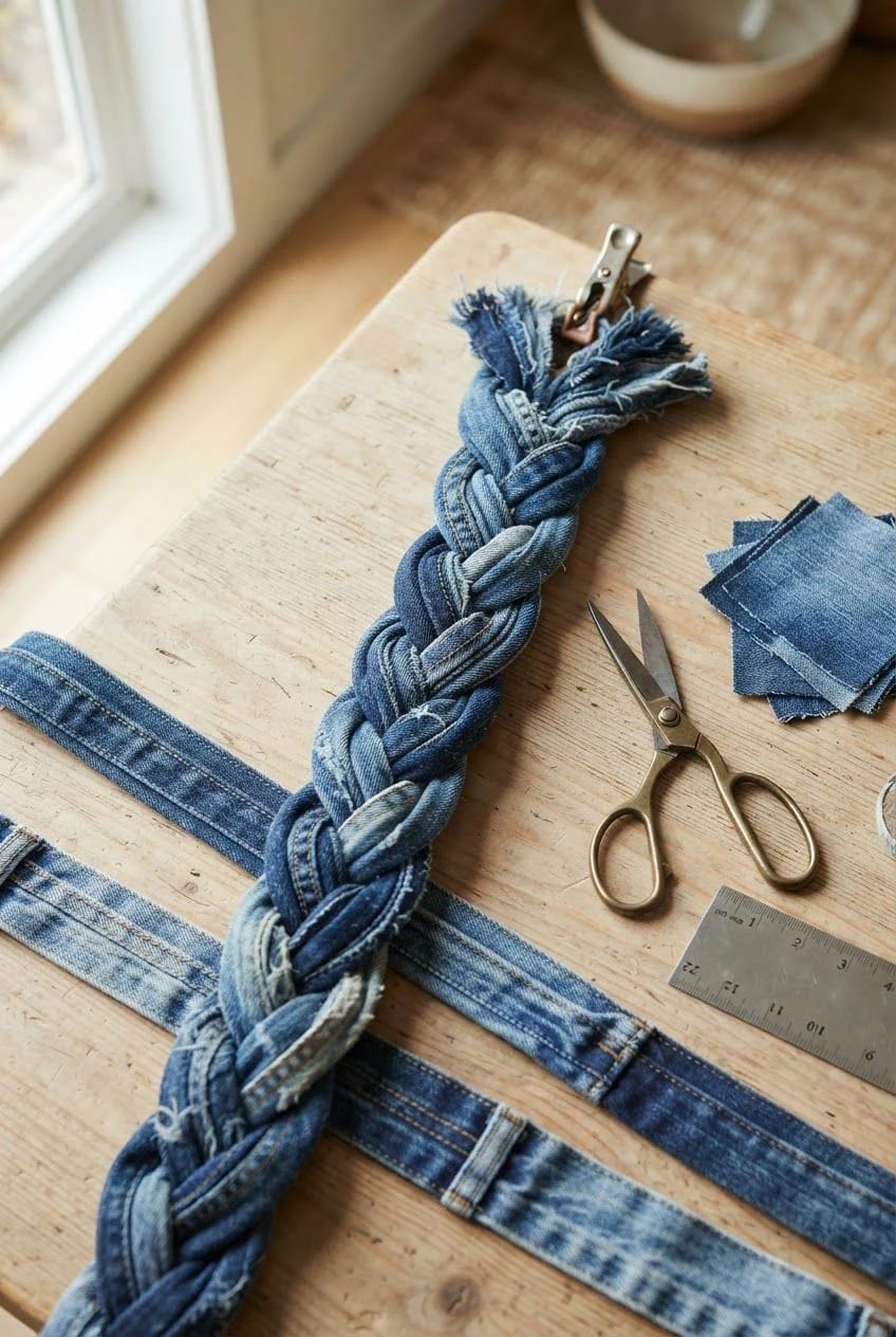 Braided denim strips with folded raw edges lie on a wooden table, secured at one end with a clip. Scissors, a ruler, and additional denim strips surround the braid for making a braided denim rag rug.