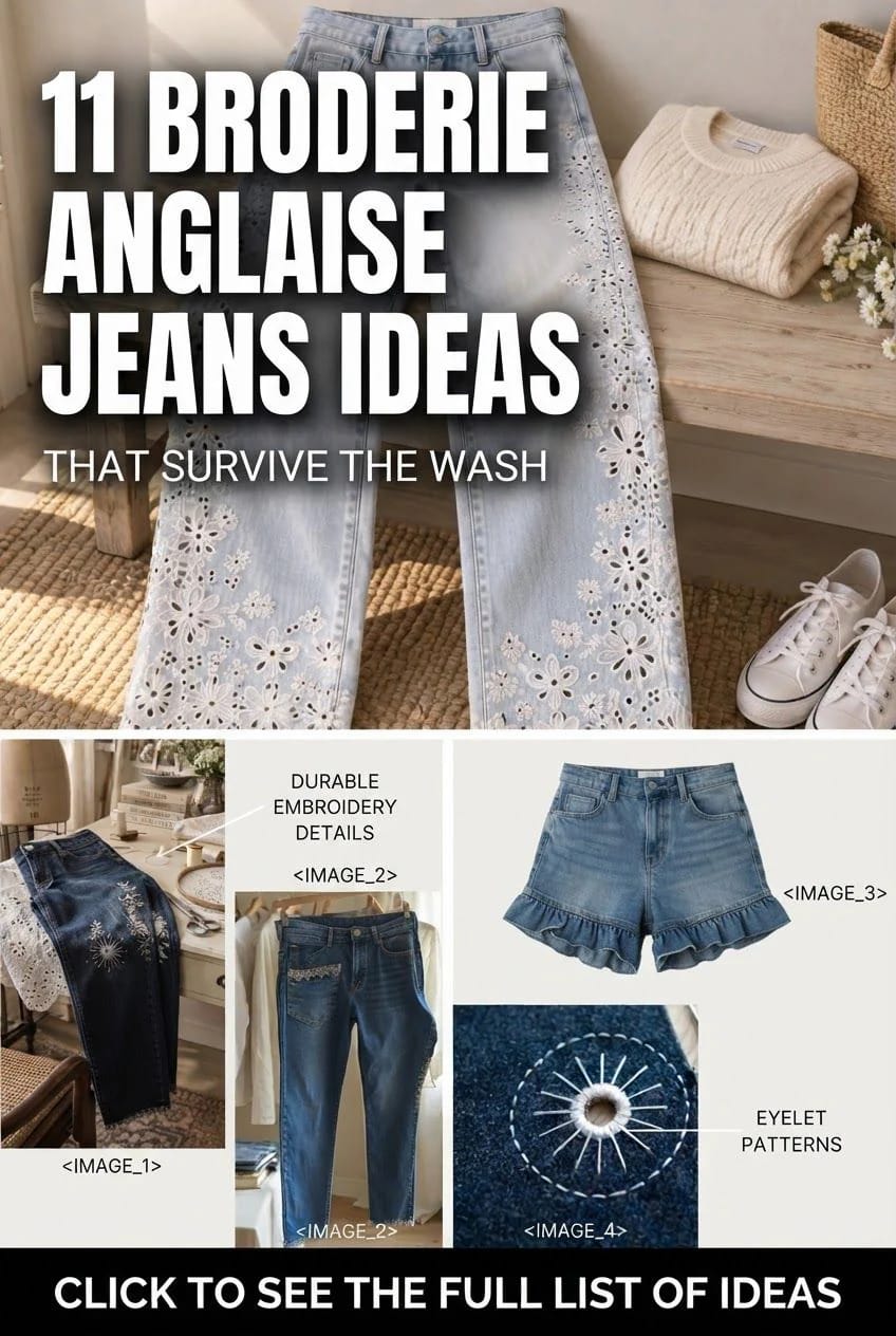 Broderie Anglaise Jeans Eyelet Ideas Collage showing light blue broderie anglaise jeans with floral eyelet embroidery, dark embroidered jeans, denim shorts with ruffled hems, and a close-up eyelet pattern, alongside a cream sweater and white sneakers