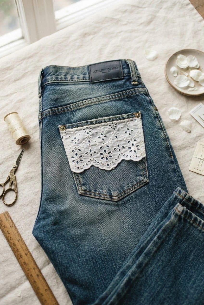 Broderie Anglaise Jeans Pocket Detail Close-up of blue jeans with a white broderie anglaise eyelet fabric panel attached to the back pocket, surrounded by sewing tools and fabric.