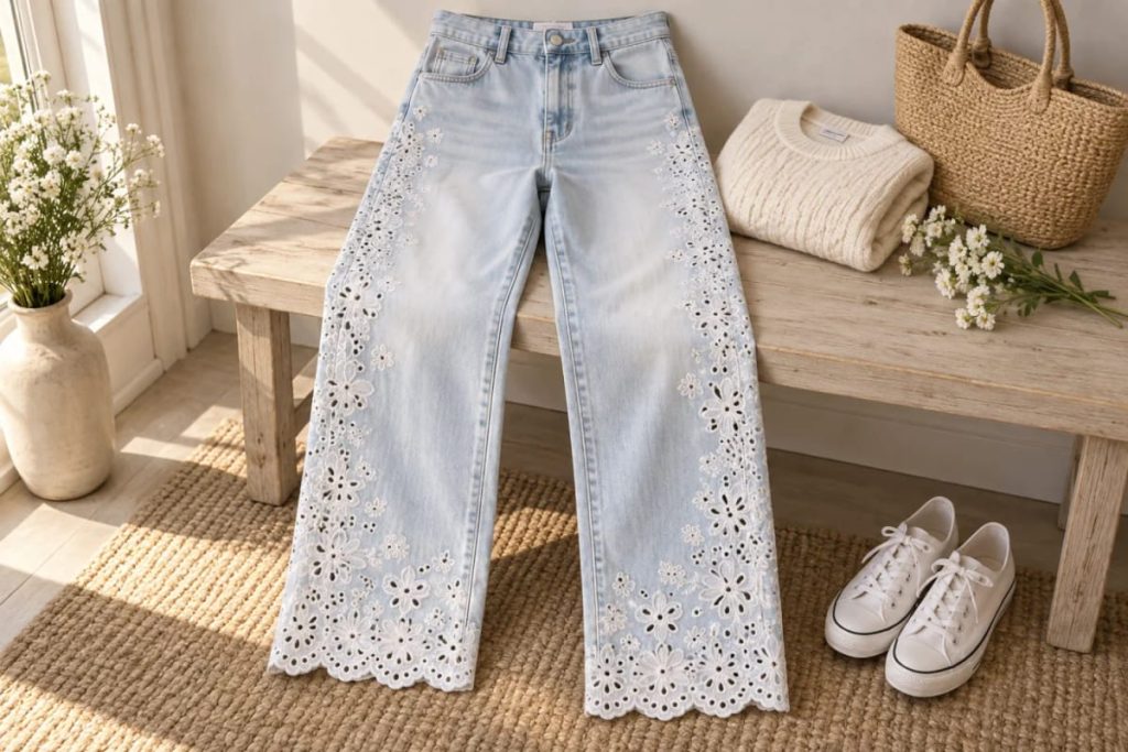 Sustainability Success 9 Light blue broderie anglaise jeans with white floral eyelet panels along the outer legs and scalloped hems, arranged on a wooden bench beside a folded cream sweater, woven basket, white sneakers, and flowers