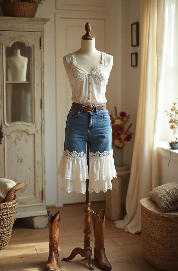 Broderie Anglaise Jeans With Eyelet Hem Dress form wearing blue denim cut-off shorts with white eyelet lace ruffles sewn along the hems, paired with a white camisole and brown belt