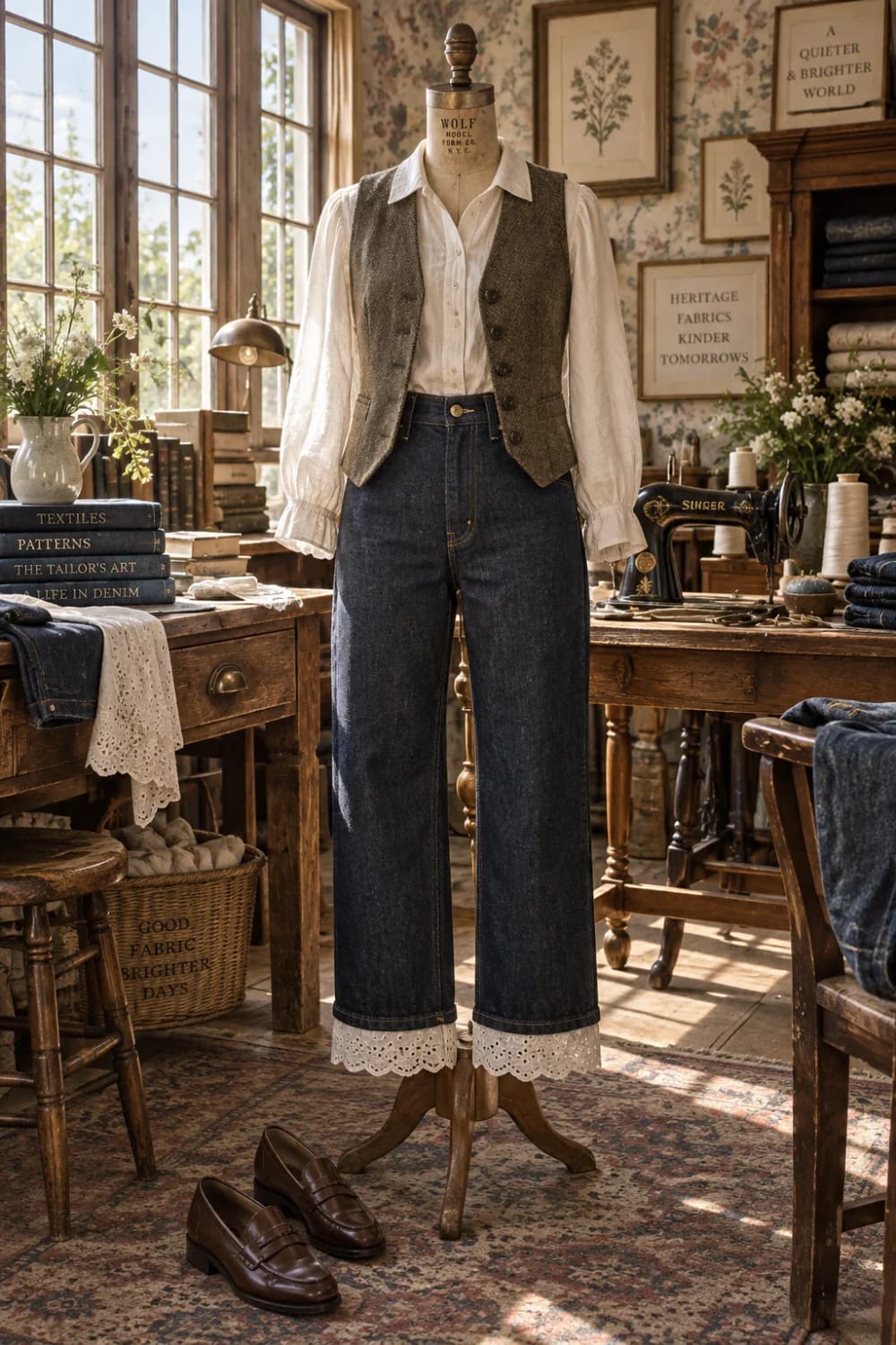 Broderie Anglaise Jeans With Eyelet Hems Dark straight-leg jeans displayed on a dress form with white broderie anglaise eyelet fabric extending below the hems, styled with a white blouse and brown vest in a sewing studio