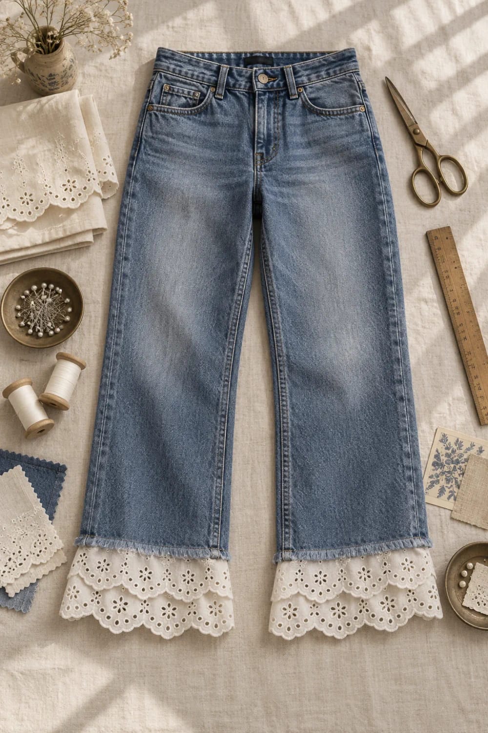 Broderie Anglaise Jeans With Eyelet Hems Blue jeans laid flat with white broderie anglaise eyelet fabric extending from both frayed hems, surrounded by sewing supplies including scissors, thread, pins, lace, and a ruler