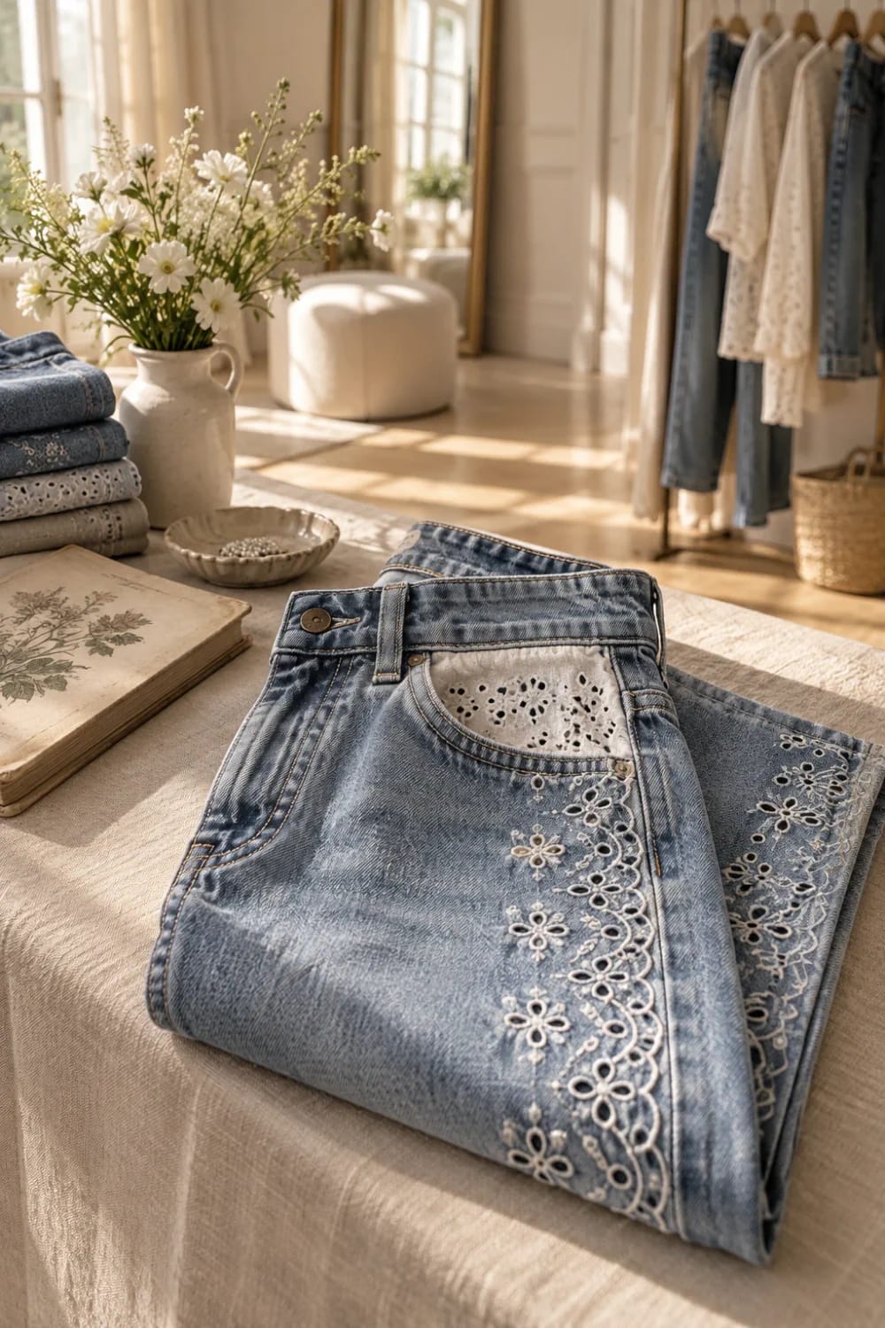 Broderie Anglaise Jeans With Eyelet Pocket Details Light-wash Broderie Anglaise jeans featuring white floral eyelet trim along the front pocket and outer leg, folded on a table beside stacked fabrics and a vase of flowers