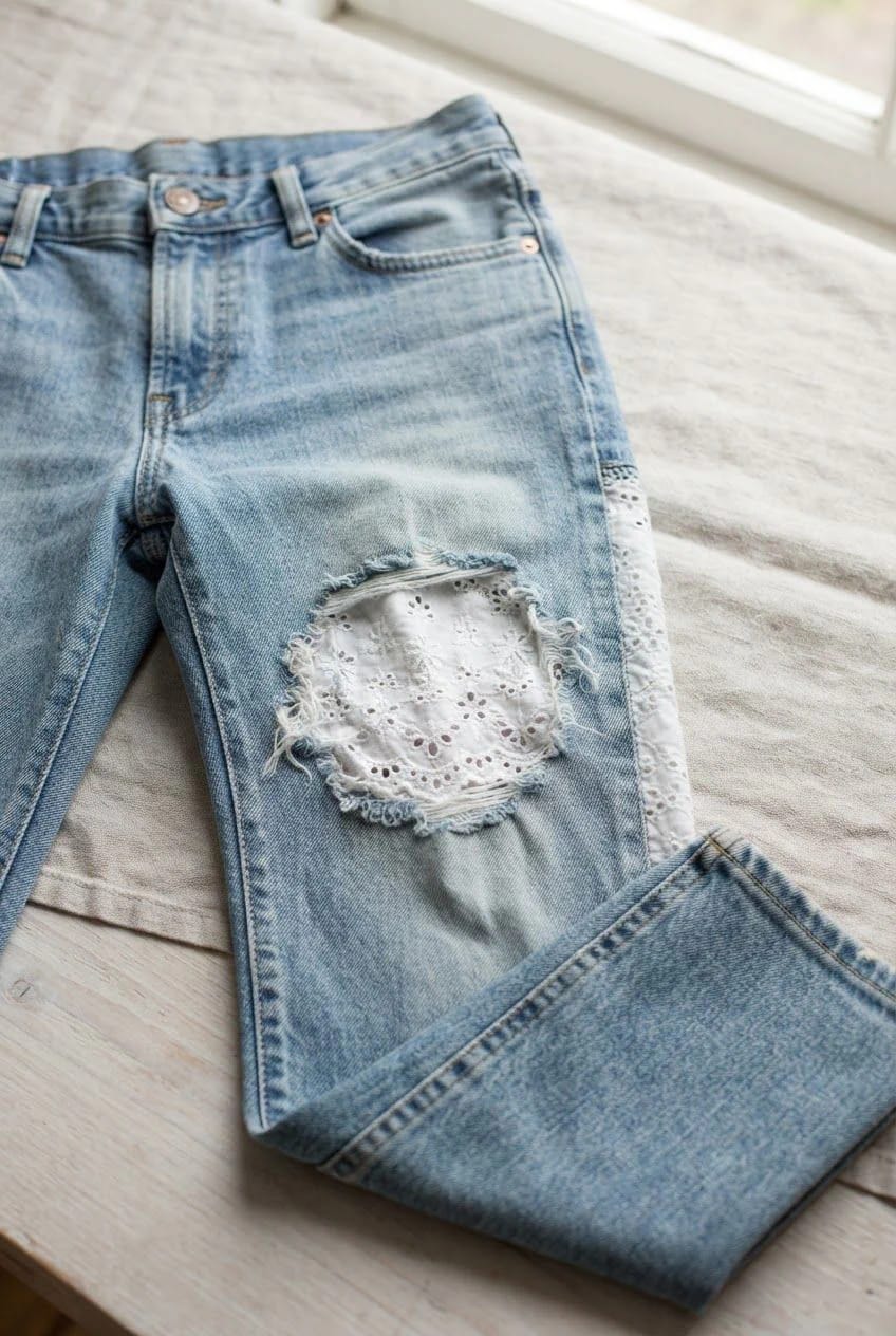 Broderie Anglaise Jeans With Eyelet Seam Panels Light blue jeans laid on a fabric surface, featuring a white broderie anglaise eyelet panel along the outer seam and a matching lace insert in a distressed knee opening