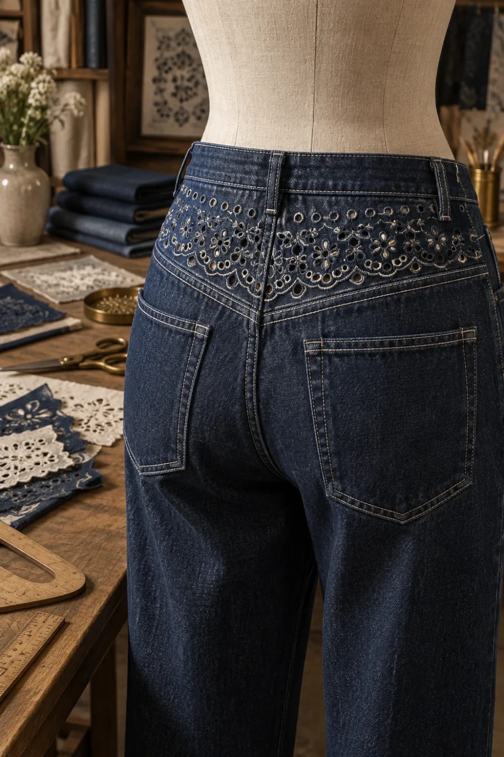 Broderie Anglaise Jeans With Eyelet Yoke Rear view of dark blue jeans on a dress form, featuring a floral broderie anglaise eyelet panel across the yoke above two back pockets
