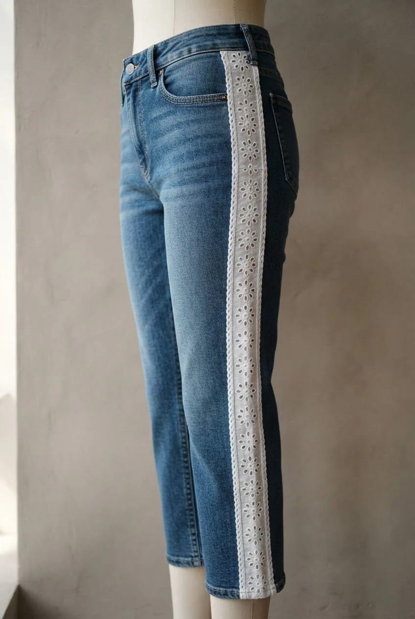 Broderie Anglaise Jeans With Seam-Set Eyelet Panel Side view of blue jeans featuring a white broderie anglaise eyelet panel set vertically into the outer leg seam