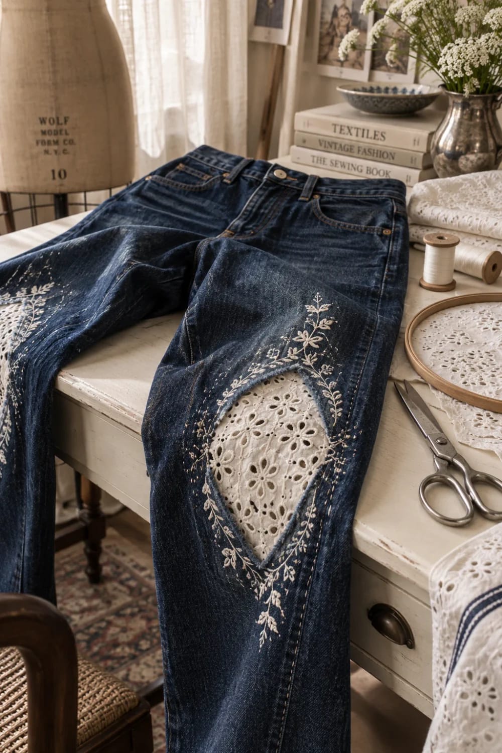 Broderie Anglaise Jeans With Seam-Set Panels Dark blue jeans displayed on a sewing table with white broderie anglaise eyelet panels set into the leg seams and framed by floral embroidery; sewing tools and fabric surround the jeans