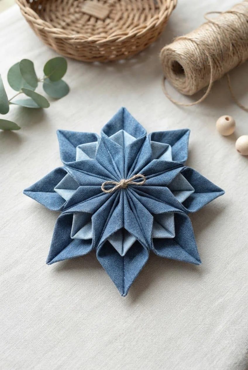 Chambray Somerset Star Ornament Folded blue chambray Somerset star ornament with layered points and a twine bow at the center, resting on a light fabric surface beside a basket, twine spool, eucalyptus leaves, and wooden beads