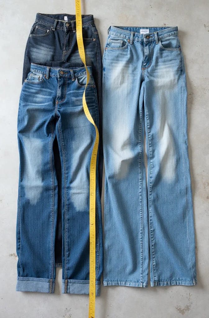 Choosing Jeans For A Denim Bucket Bag Three pairs of blue jeans laid flat with a yellow measuring tape between them, illustrating how to choose jeans for making a denim bucket bag from jean legs.
