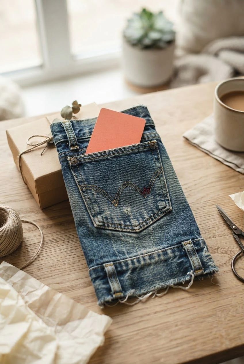 Classic Jean Pocket Gift Card Holder A coral gift card rests in the back pocket of a cut denim jean leg, displayed on a wooden table beside a wrapped box, twine, scissors, and a cup of coffee.