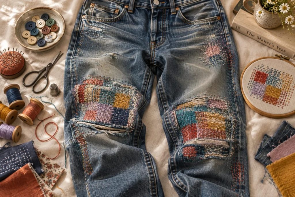Sustainability Success 9 A pair of blue jeans with colorful stitched patches on both knees and a thigh, surrounded by spools of thread, buttons, scissors, a pincushion, and embroidery hoops, illustrating colorful thread darning on jeans