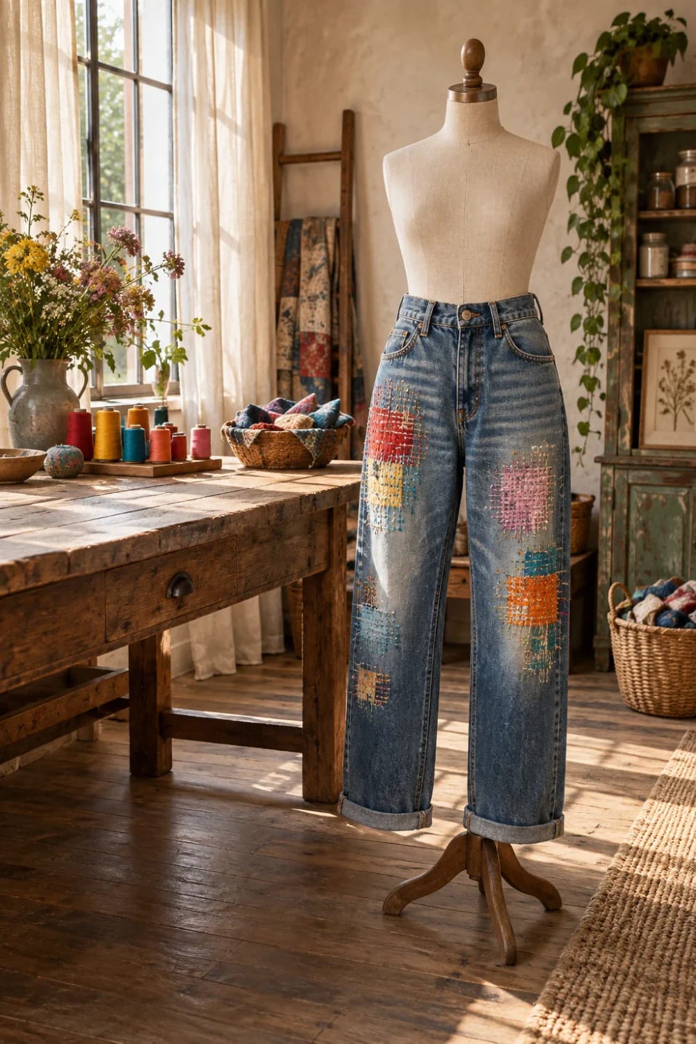 Colorful Thread Darning On Jeans Denim jeans displayed on a dress form with colorful woven thread darns across both knees and lower legs, beside sewing supplies in a bright studio.