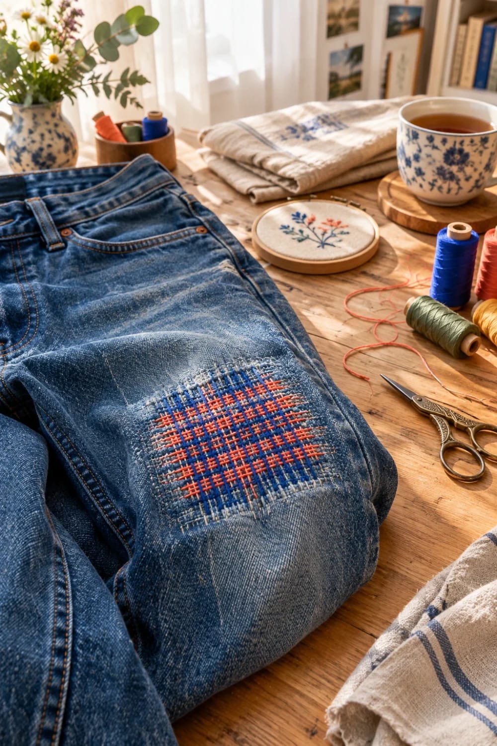 Colorful Thread Darning On Jeans Blue jeans with a rectangular darn featuring bright blue and coral crosswise stitches, surrounded by thread spools, embroidery, scissors, and folded fabric on a wooden table