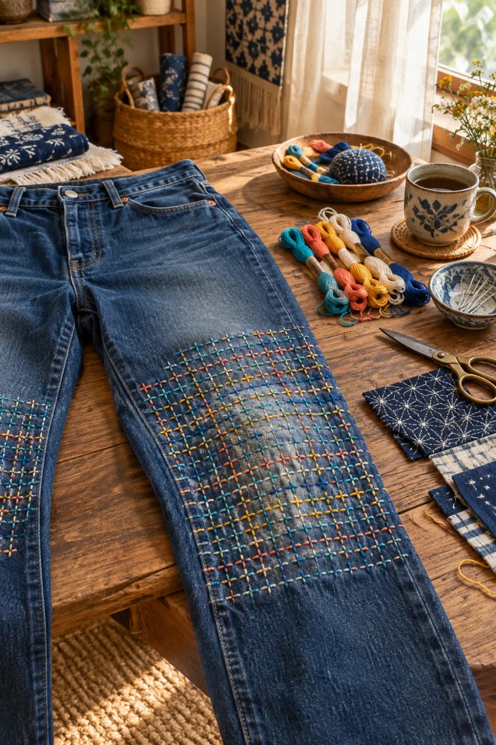 Colorful Thread Darning On Jeans Jeans laid on a wooden table with a colorful sashiko-style grid of stitches covering the knee panel, alongside embroidery threads, scissors, and sewing supplies