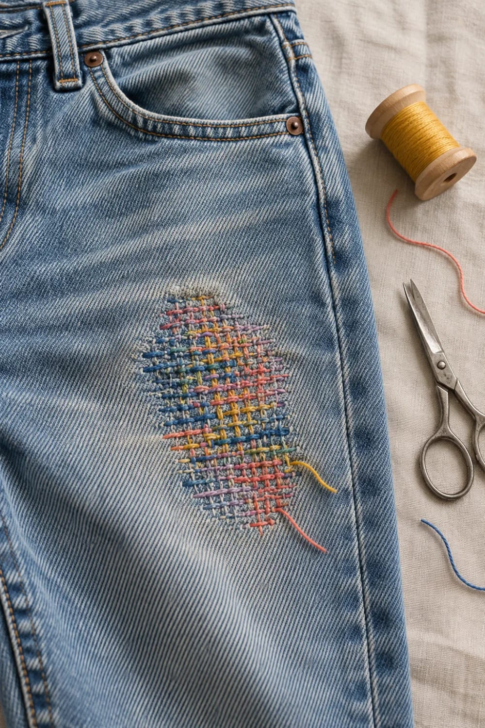 Colorful Thread Darning On Jeans Light blue jeans feature a colorful woven thread darn repairing a worn thin spot, with a yellow thread spool and scissors beside them.
