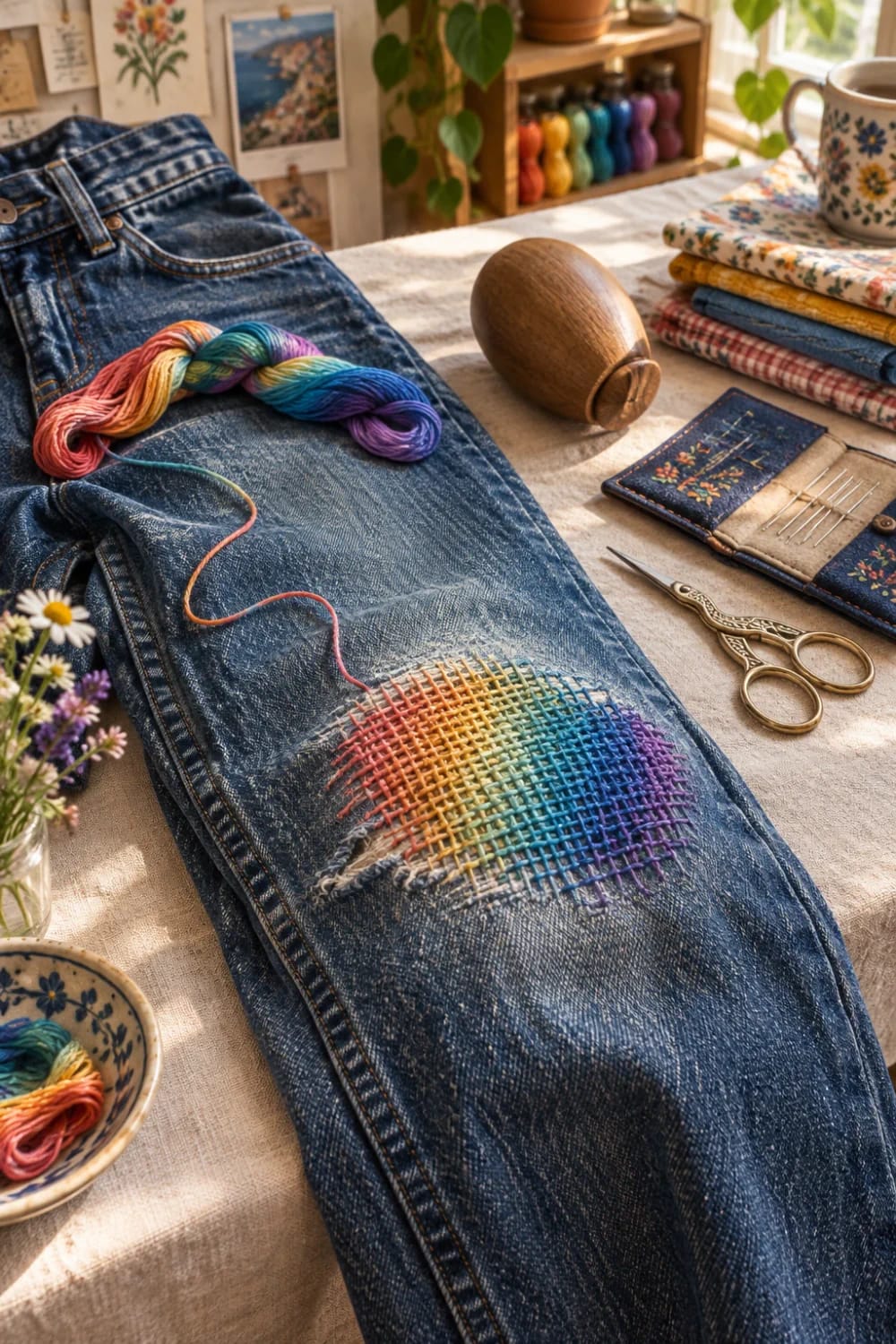 Colorful Thread Darning On Jeans A pair of blue jeans displays a rectangular darn made with bright gradient stitches, beside a variegated skein of thread, sewing tools, and fabric.